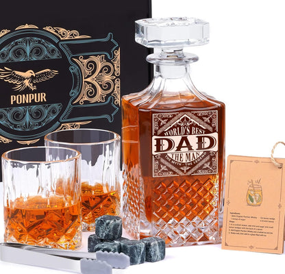 Gifts for Men Dad Fathers Day, Whiskey Decanter Set with 2 Glasses, Unique Cool Dad Birthday Gift from Daughter Son, Best Christmas Retirement Present for Man Father