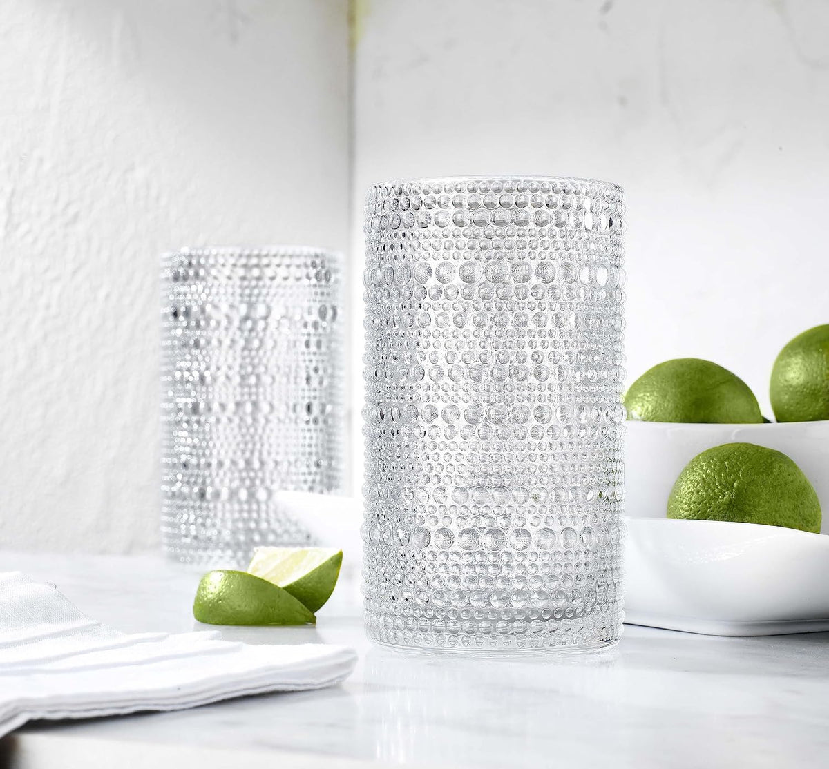 Hobnail Drinking Glasses, Set of 4 Clear Vintage Beaded Glass Cups, 15 Oz. Cocktail Drinking Glassware Set, for Water Juice, Smoothies. Home, Dinner, Bar Uses.