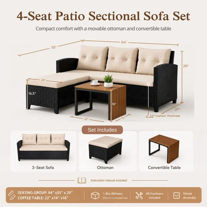 3-Piece All-Weather PE Wicker Patio Conversation Set Modular Outdoor Sectional Sofa, Patio Furniture Sets with Cushions for Small Patios, Balcony & Poolside