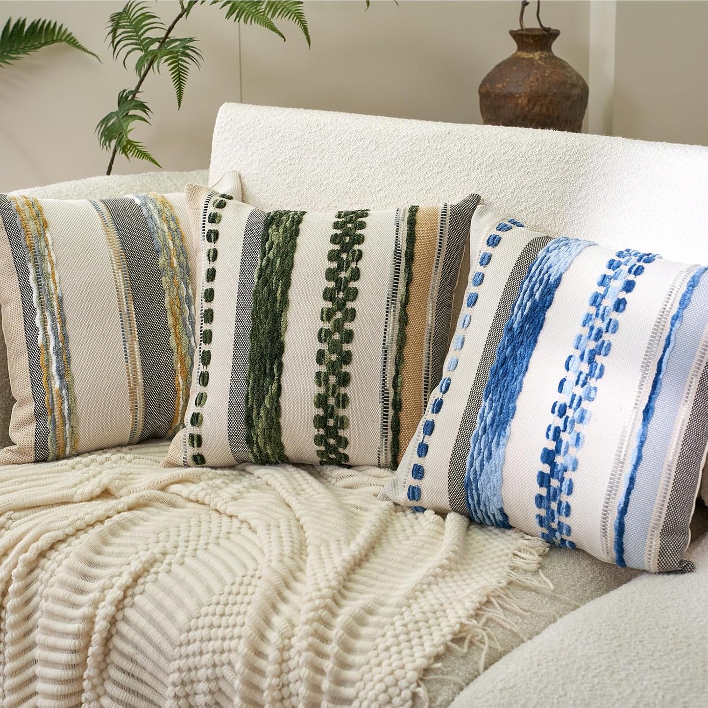Boho Throw Pillow Covers 18X18 Inch Set of 2, Farmhouse Decorative Striped Square Pillow Covers Chenille Tufted Pillow Cases Accent Neutral Pillowcase for Living Room Couch Bed, Sky Blue