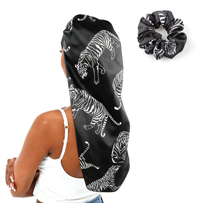 Extra Long Black Satin Bonnet for Women Silver Tiger, Adjustable Elastic Sleep Cap for Long Braids Locs Natural Hair, Frizz-Free Nighttime Hair Protector
