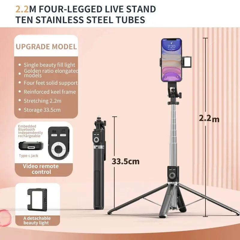 2.2M Selfie Stick 360 Degree Rotating Stand Foldable Bluetooth Selfie Stick Live Broadcast Bracket with Fill Light