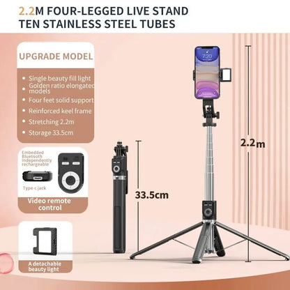 2.2M Selfie Stick 360 Degree Rotating Stand Foldable Bluetooth Selfie Stick Live Broadcast Bracket with Fill Light