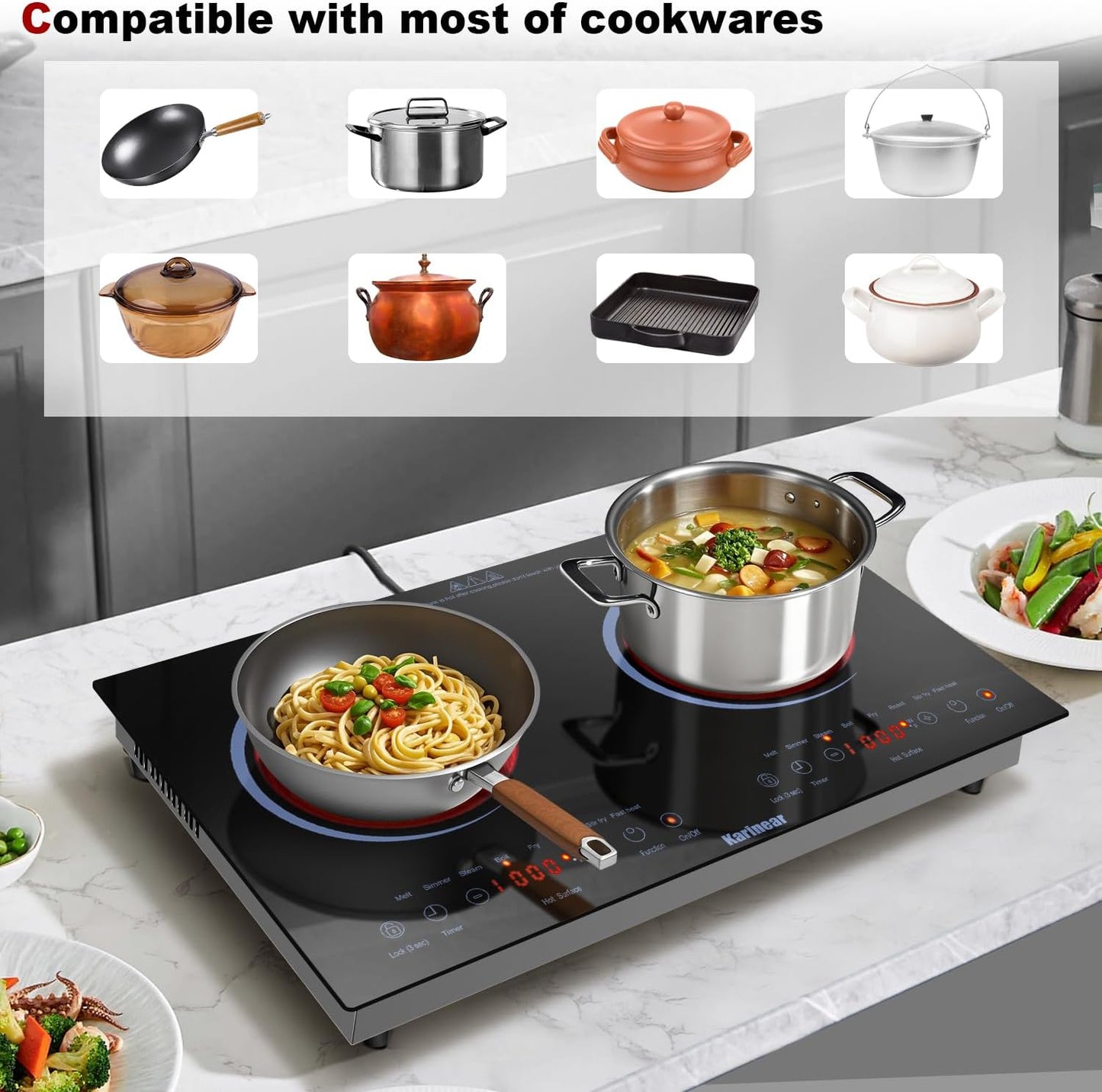 2 Burners Electric Cooktop 24 Inch, 110V~120V Countertop and Built-In Elecric Stove Top, Portable Electric Radiant with Outlet Plug, Sensor Touch, Child Safety Lock, Timer(Blue)