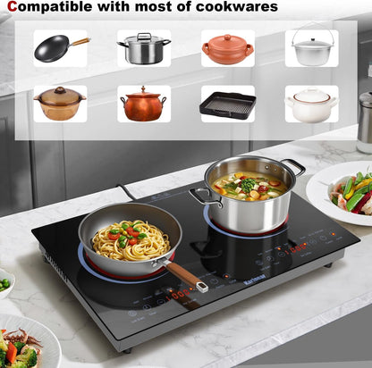 2 Burners Electric Cooktop 24 Inch, 110V~120V Countertop and Built-In Elecric Stove Top, Portable Electric Radiant with Outlet Plug, Sensor Touch, Child Safety Lock, Timer(Blue)