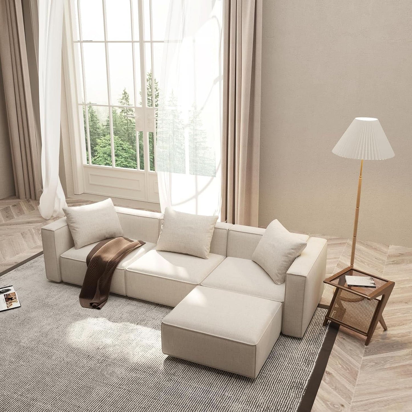 Modular Sectional Sofa Set Linen Cream With Ottoman And Chaise-2