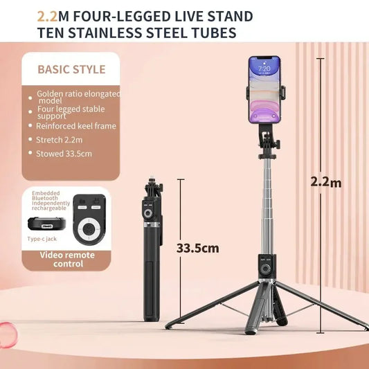 2.2M Selfie Stick 360 Degree Rotating Stand Foldable Bluetooth Selfie Stick Live Broadcast Bracket with Fill Light