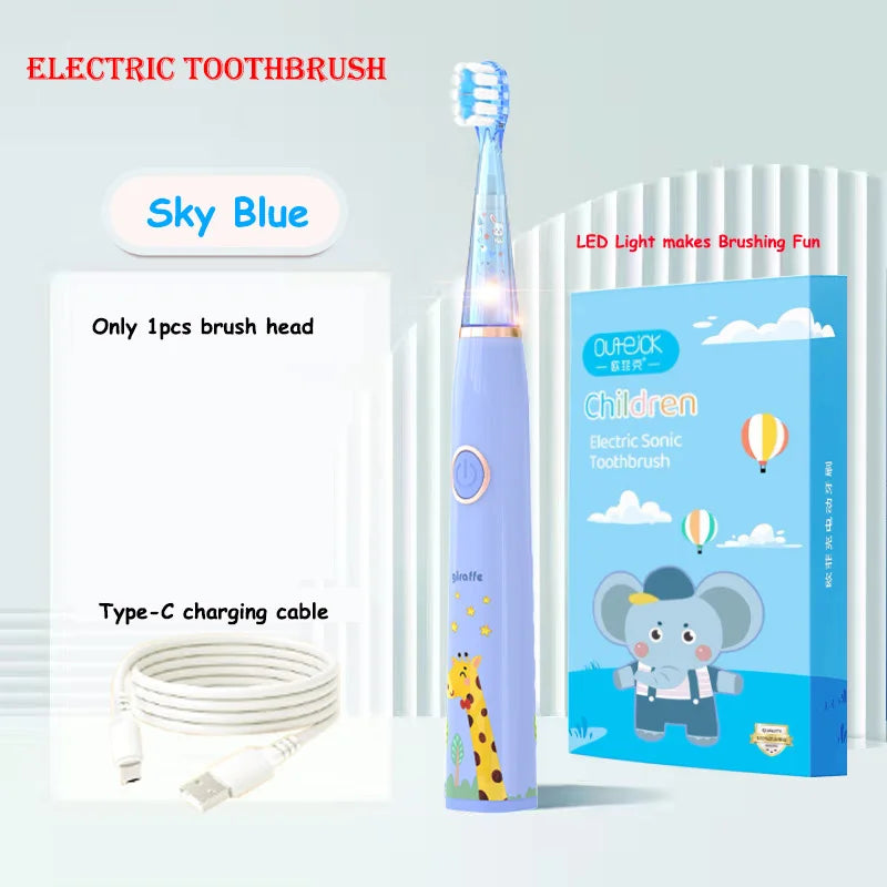 Kids Sonic Electric Toothbrush Cartoon with Colorful LED Light IPX7 Waterproof Overall Clean Teeth Rechargeable Care Toothbrush