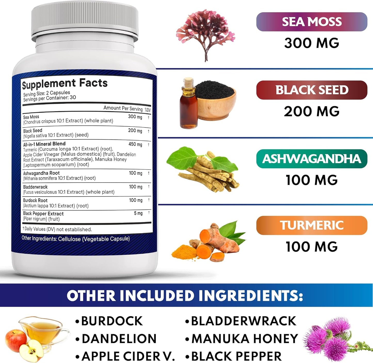 Sea Moss Black Seed Oil Ashwagandha Turmeric Bladderwrack Burdock - with Manuka, Honey Dandelion, ACV Black Pepper Gluten Free