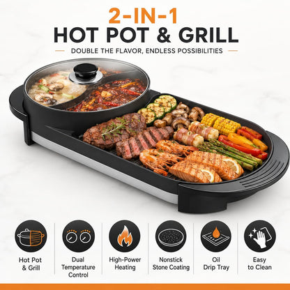 Hot Pot with Grill, Korean BBQ Grill Indoor Hotpot Pot Electric Combo, Shabu Shabu Pot with Divider KBBQ Grill Smokeless Non-Stick Separate Dual Temperature Control, for 2-12 People, 110V
