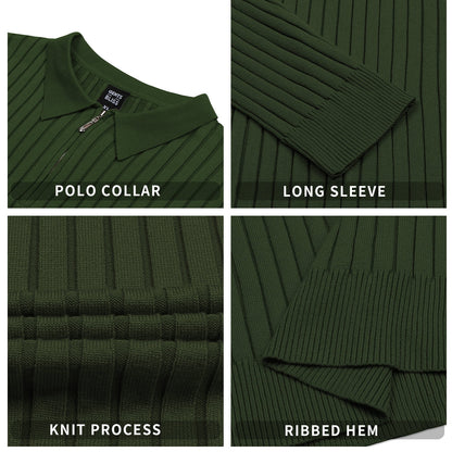 Polo Shirts for Men Casual Long Sleeve Mens Shirts Zipper Ribbed Knit Shirt
