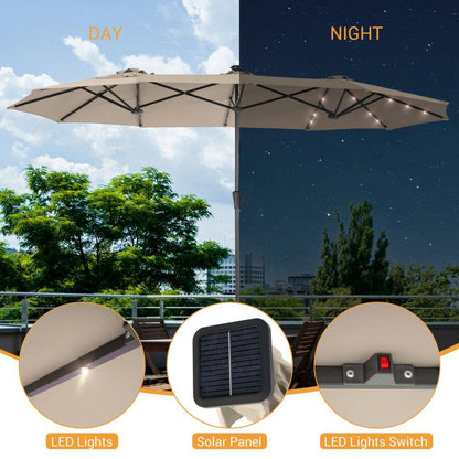 13 Ft. X 7.2 Ft. Steel Solar-Powered Double-Sided Market Patio Umbrella with Crank, Solar Panel in Sand
