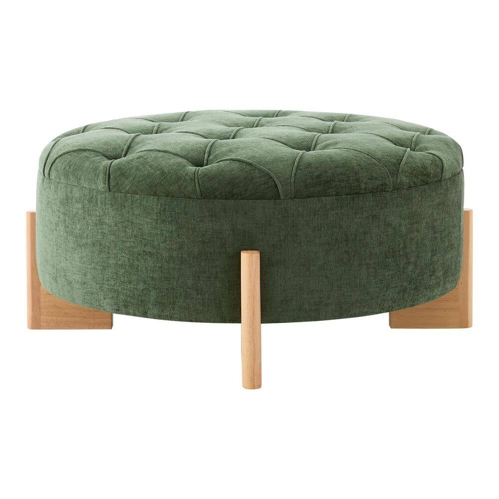 Green Chenille round Tufted Ottoman with Solid Wood Legs