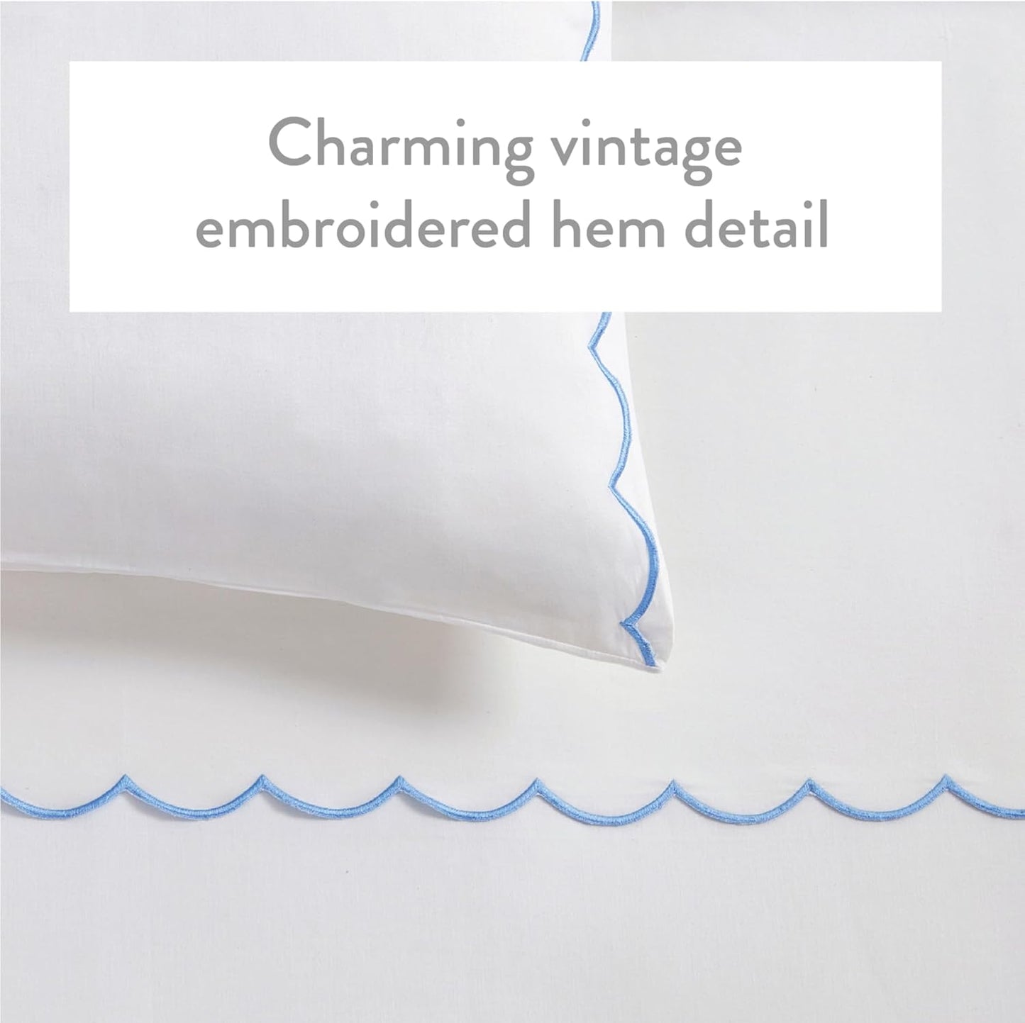 Full Size Sheet Set, 4 Piece Bed Sheets, Breathable Soft 300 TC 100% Cotton with Embroidered Scalloped Edge, 1 Flat Sheet, 1 Fitted, 2 Pillowcases, Full, White with Blue Scallop | Breathable Soft 300 TC, Embroidered Scalloped Edge, Flat, Fitted, Pillowcases