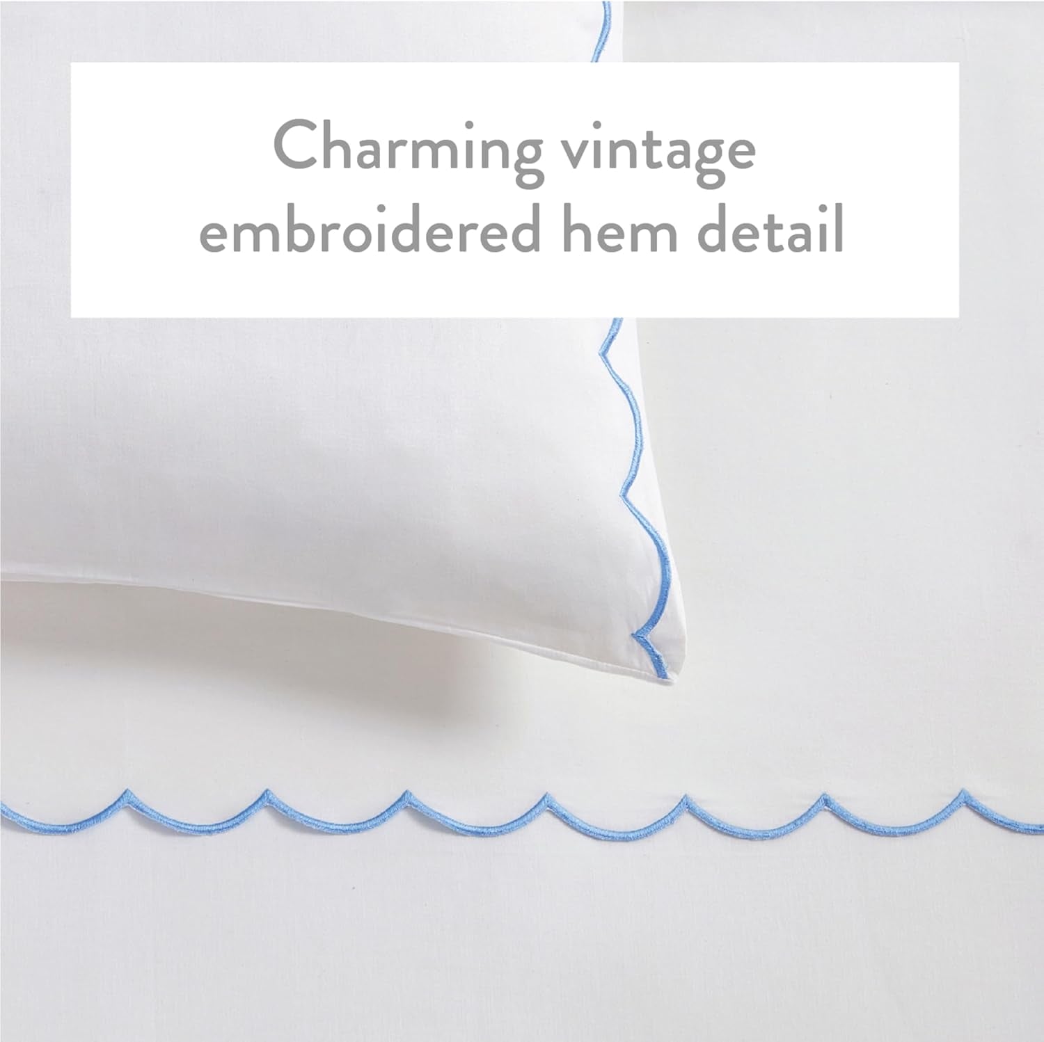 Full Size Sheet Set, 4 Piece Bed Sheets, Breathable Soft 300 TC 100% Cotton with Embroidered Scalloped Edge, 1 Flat Sheet, 1 Fitted, 2 Pillowcases, Full, White with Blue Scallop | Breathable Soft 300 TC, Embroidered Scalloped Edge, Flat, Fitted, Pillowcases