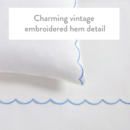 Full Size Sheet Set, 4 Piece Bed Sheets, Breathable Soft 300 TC 100% Cotton with Embroidered Scalloped Edge, 1 Flat Sheet, 1 Fitted, 2 Pillowcases, Full, White with Blue Scallop | Breathable Soft 300 TC, Embroidered Scalloped Edge, Flat, Fitted, Pillowcases