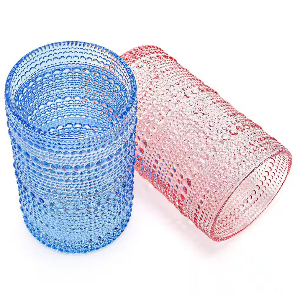 12 Oz. Colored Hobnail Glasses Set of 6, Embossed Design Glasses for Water, Beverages, Juice, Beer, Cocktail, Whiskey