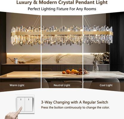 Modern Crystal Chandelier, L57'' Rectangle Gold Raindrop Chandelier Luxury Oval Pendant Ceiling Light Fixture for Living Room Dining Room Kitchen Island, G9 X 32 Lights