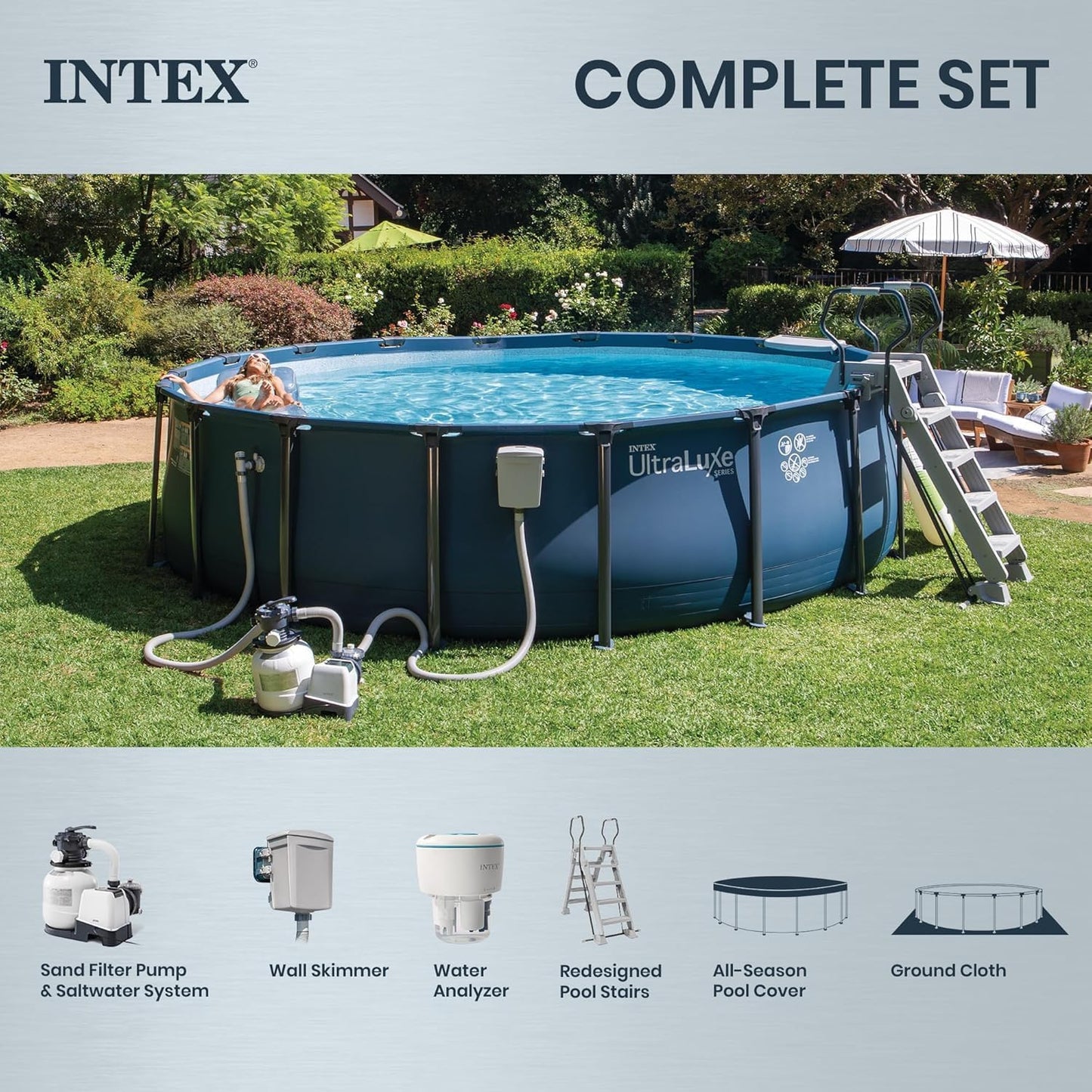 INTEX 28829EH 18Ft X 52In Ultraluxe Premium above Ground Swimming Pool Set with Smart Wi-Fi Enabled Dual Sand Filter Pump Saltwater System and Water Analyzer, Retractable Pool Ladder