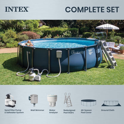 INTEX 28829EH 18Ft X 52In Ultraluxe Premium above Ground Swimming Pool Set with Smart Wi-Fi Enabled Dual Sand Filter Pump Saltwater System and Water Analyzer, Retractable Pool Ladder