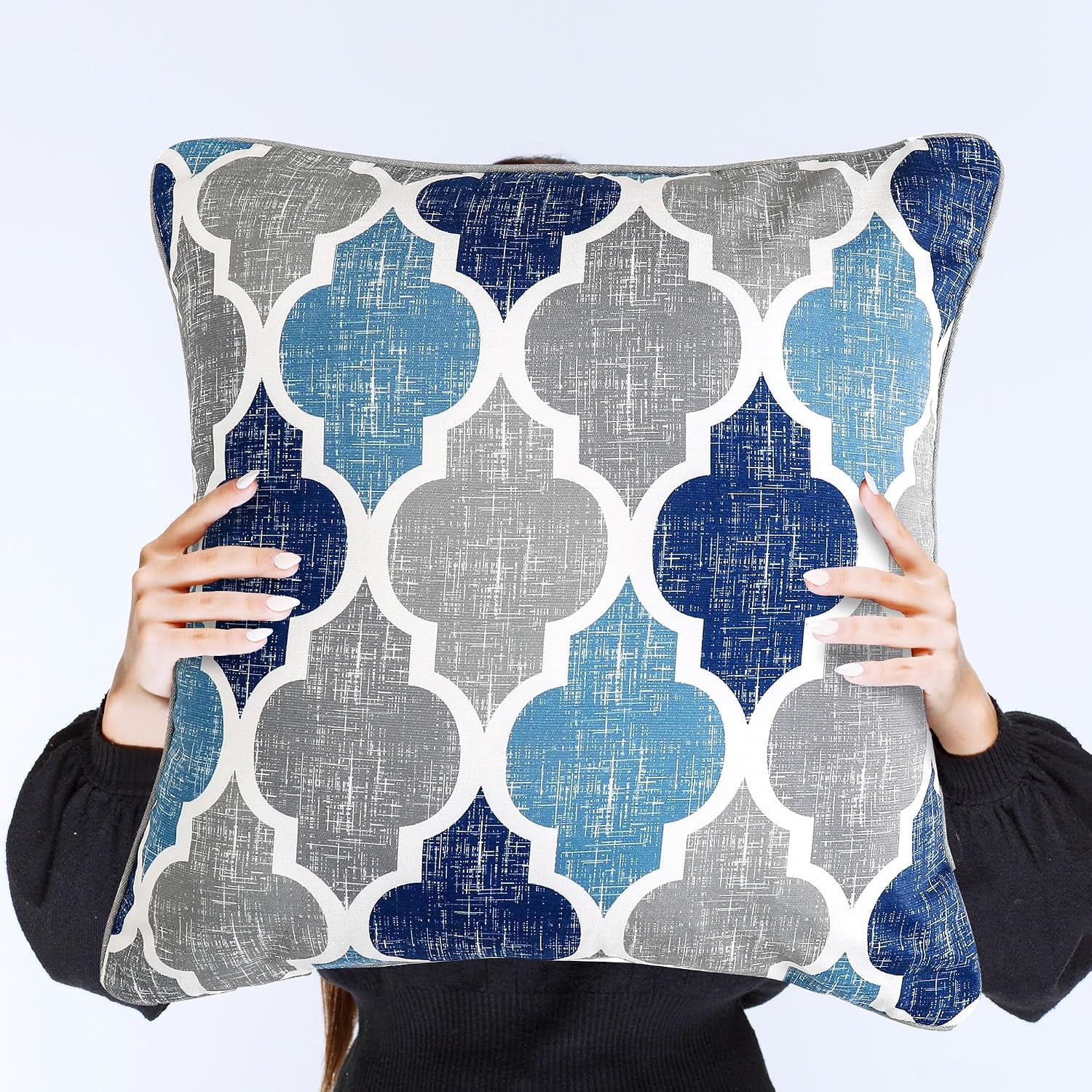 Throw Pillow Covers 20X20 for Couch Sofa Moroccan Blue Gray 2 Sets | Soft Chenille Print Geometric Velvet 2-Sided Pattern Decorative Square Standard Pillowcases for Bedroom Living Room