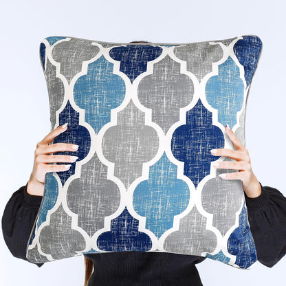 Throw Pillow Covers 20X20 for Couch Sofa Moroccan Blue Gray 2 Sets | Soft Chenille Print Geometric Velvet 2-Sided Pattern Decorative Square Standard Pillowcases for Bedroom Living Room