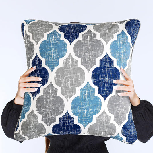 Throw Pillow Covers 20X20 for Couch Sofa Moroccan Blue Gray 2 Sets | Soft Chenille Print Geometric Velvet 2-Sided Pattern Decorative Square Standard Pillowcases for Bedroom Living Room