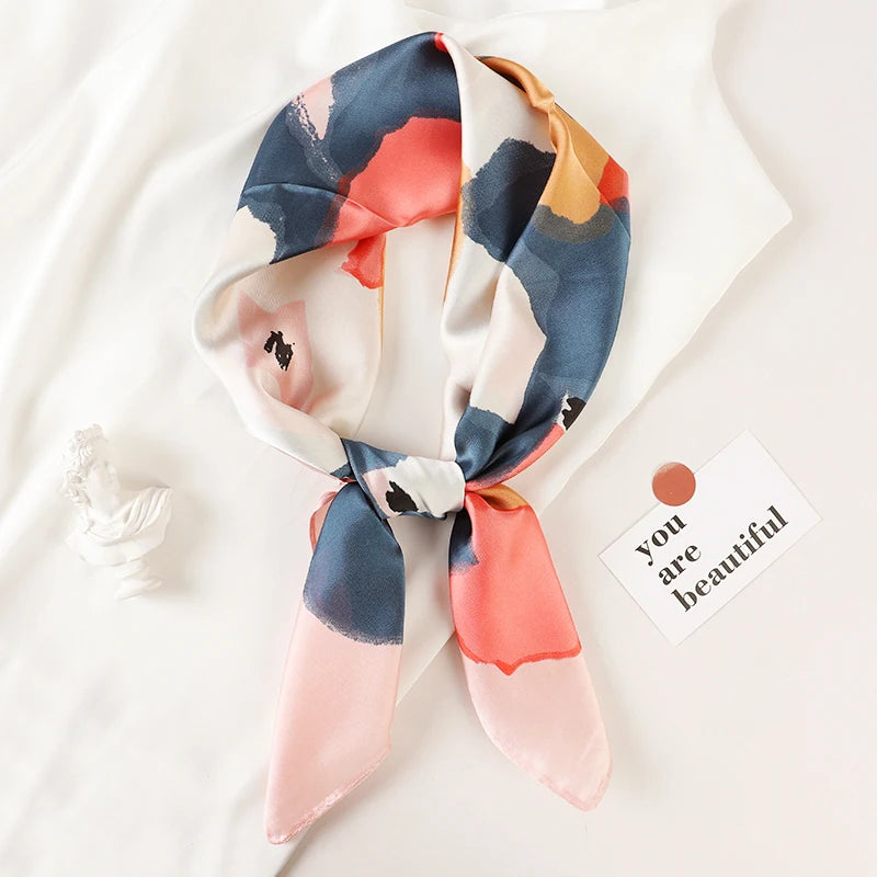 Luxury Brand 2022 Silk Square Scarf Women Cat Neck Hair Tie Band Beach Hijab Kerchief Head Headbands Bandana Female Foulard 70Cm