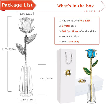 for Her, 24K Gold Rose Made from Real Rose - Unique Design Gold Plated Rose for Anniversary Valentines Mothers Day Birthday Gifts (Tealblue Original Rose with Crystal Vase)