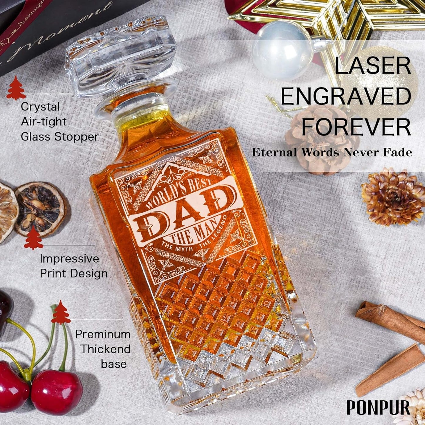 Gifts for Men Dad Fathers Day, Whiskey Decanter Set with 2 Glasses, Unique Cool Dad Birthday Gift from Daughter Son, Best Christmas Retirement Present for Man Father