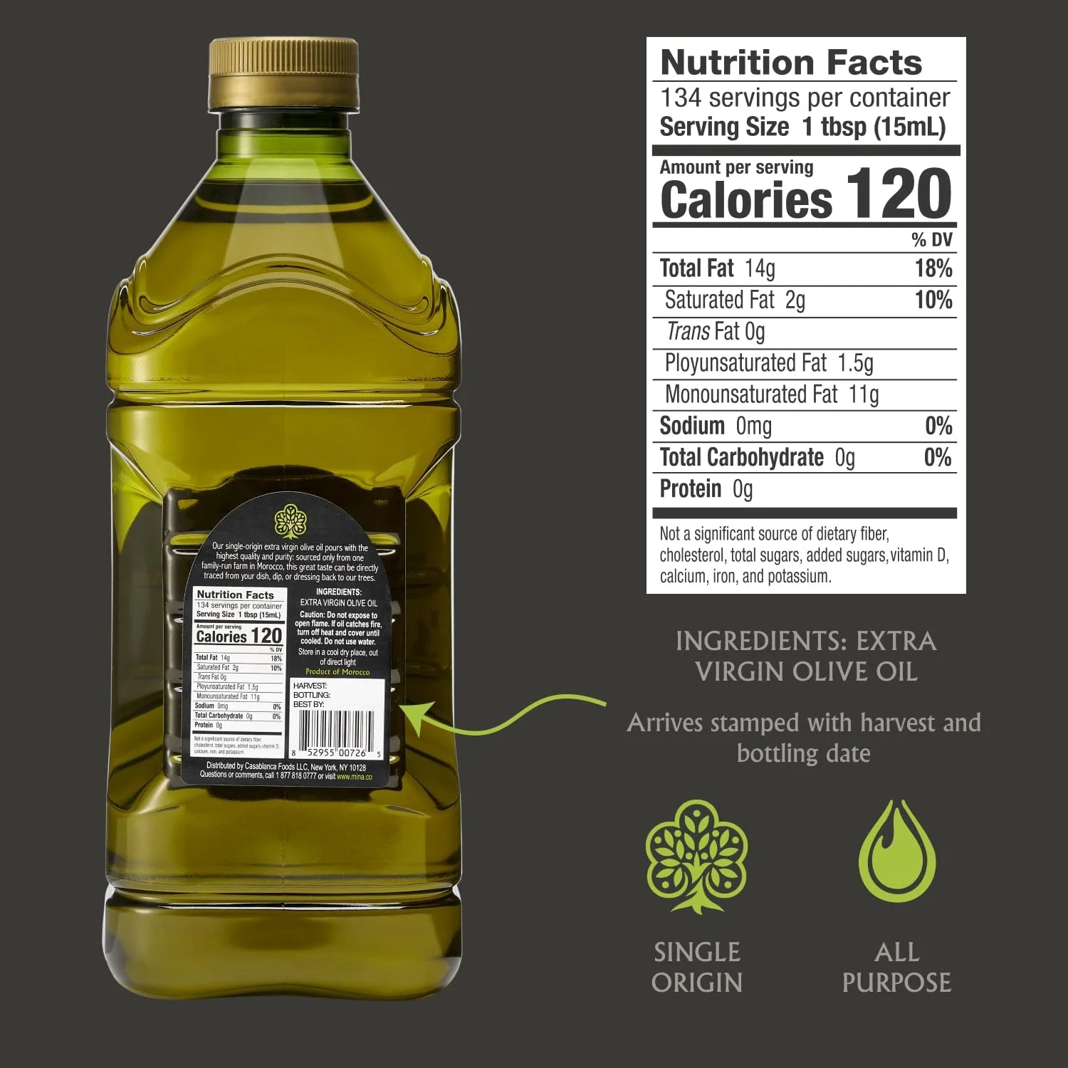 Moroccan Olive Oil Extra Virgin, 68 Fl Oz, High Polyphenol Olive Oil, Single Origin Olive Oil