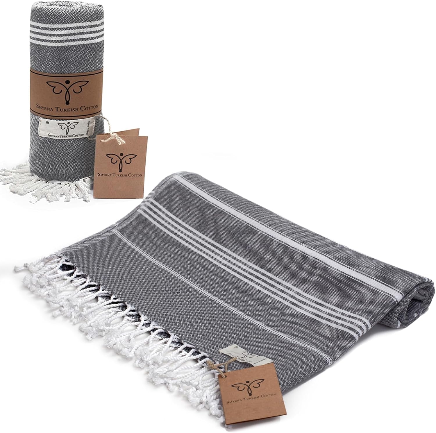 Classical Series Original Turkish Beach Towel | Prewashed, 37 X 71 Inches | Peshtemal and Turkish Bath Towel for SPA, Beach, Pool, Gym and Bathroom (Dark Gray, Pack of 2)