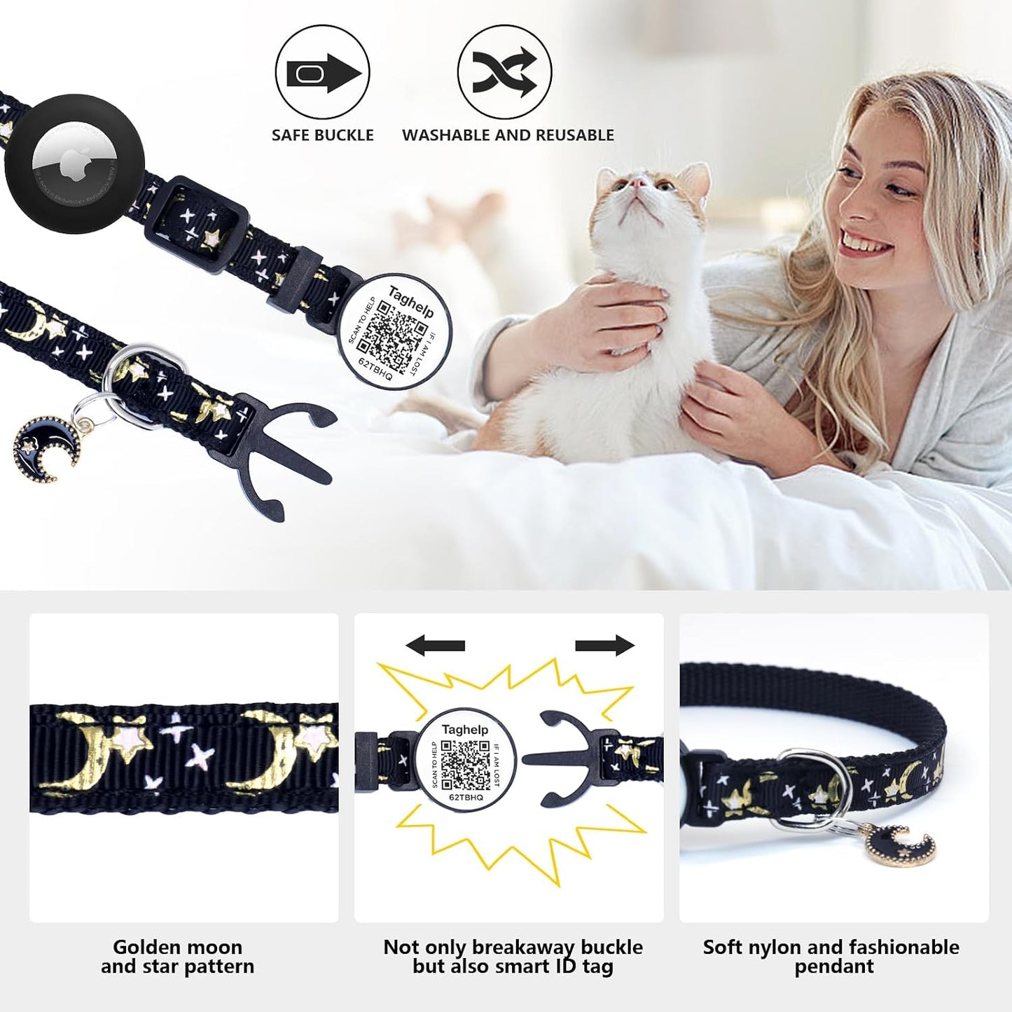 2 Pack Airtag Cat Collar, Breakaway Cat Airtag with Smart ID Tag & QR Code Reflective (Star Moon & Paw Pattern - Pink, with Integrated Airtag Holder)