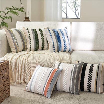Boho Throw Pillow Covers 18X18 Inch Set of 2, Farmhouse Decorative Striped Square Pillow Covers Chenille Tufted Pillow Cases Accent Neutral Pillowcase for Living Room Couch Bed, Black