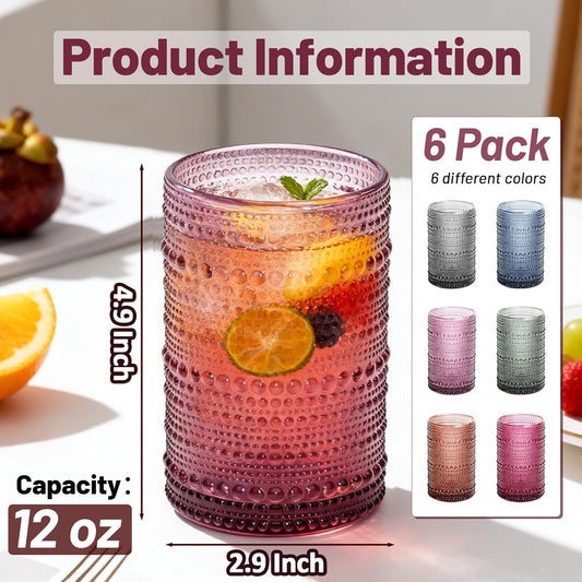 Colored Hobnail Drinking Glasses Set of 6, 12Oz Vintage Highball Glasses, Kitchen Glassware, Beaded Glass Cups for Iced Coffee, Cocktail, Beer, Juice, Cocktail, Whiskey, Milk