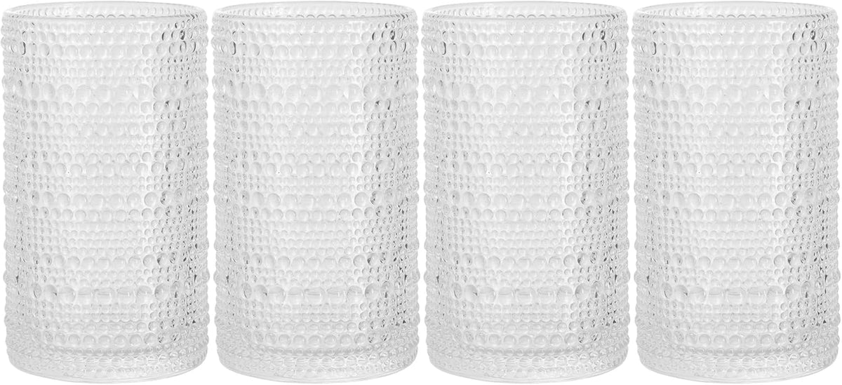 Hobnail Drinking Glasses, Set of 4 Clear Vintage Beaded Glass Cups, 15 Oz. Cocktail Drinking Glassware Set, for Water Juice, Smoothies. Home, Dinner, Bar Uses.