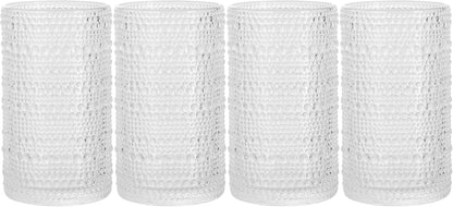 Hobnail Drinking Glasses, Set of 4 Clear Vintage Beaded Glass Cups, 15 Oz. Cocktail Drinking Glassware Set, for Water Juice, Smoothies. Home, Dinner, Bar Uses.