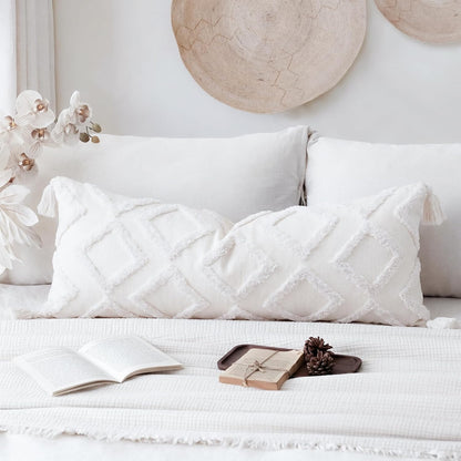 Decorative Long Lumbar Pillow Cover 16X36 Boho,Super Soft Chenille Extra Long Lumbar Pillow Case Cover with Tassel for Bed Sofa Couch Farmhouse Livingroom,White,Modern Skinny