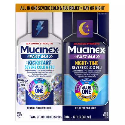 Mucinex All-In-One & Nightshift Kickstart Liquid Cold & Flu Treatment - 12 Fl Oz: 2-Pack, with Acetaminophen
