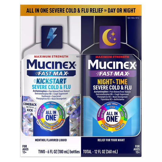 Mucinex All-In-One & Nightshift Kickstart Liquid Cold & Flu Treatment - 12 Fl Oz: 2-Pack, with Acetaminophen