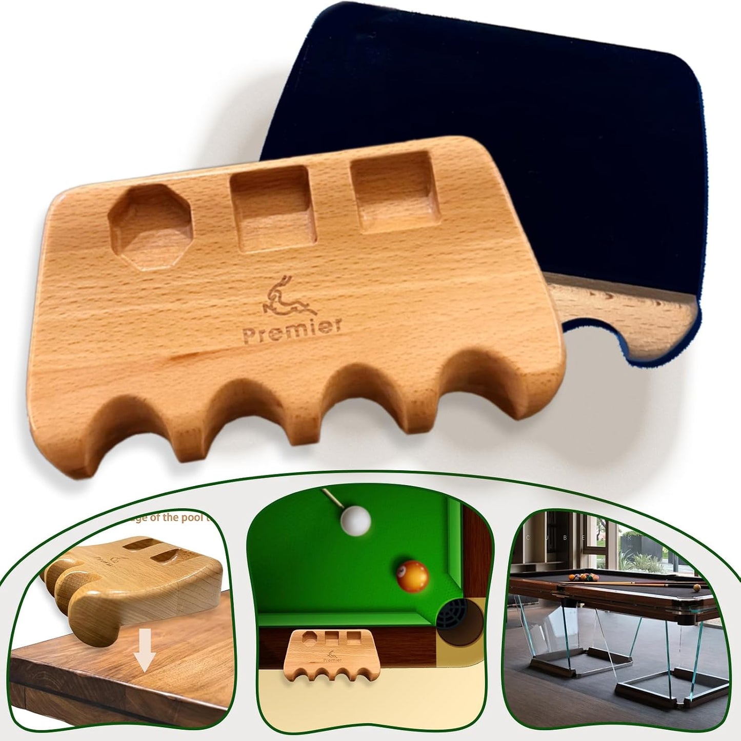 Solid Wood Portable Pool Stick Holder, Heavy Duty Weighted Pool Cue Claw for Table Edge, Anti-Slip Premium Billiard Cue Rack Accommodates 4 Cues, Luxury Pool Table Accessories