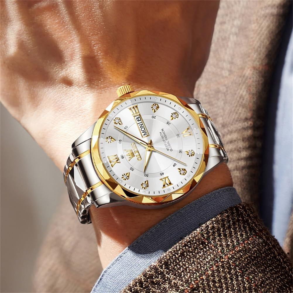 Watches for Men Luxury Diamond Casual Large Dial Watches Stainless Steel Waterproof Business Dress Analog Luminous Date Mens Watches