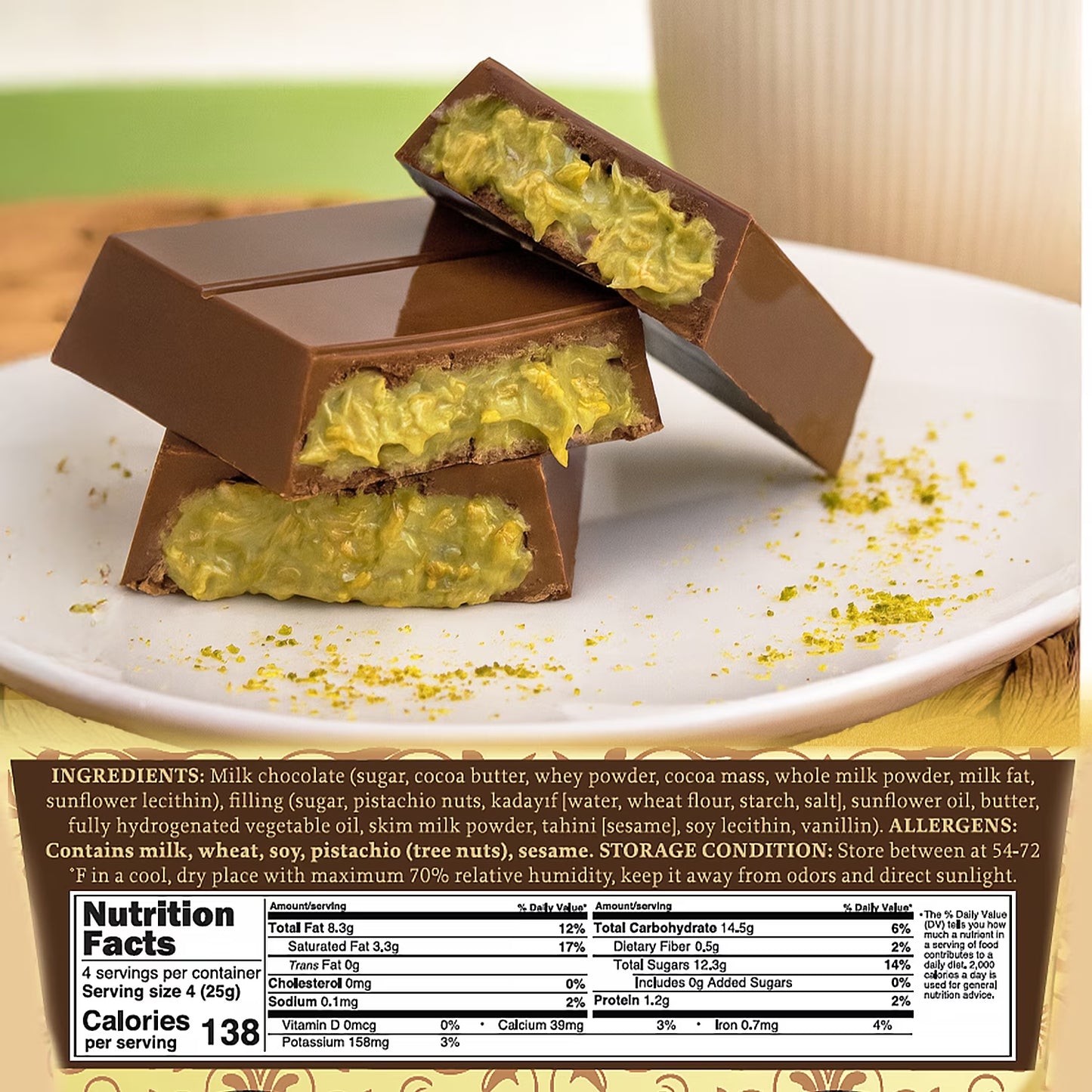 Dubai Chocolate Bar Pistachio with White Chocolate Kunafa 3.5 Oz