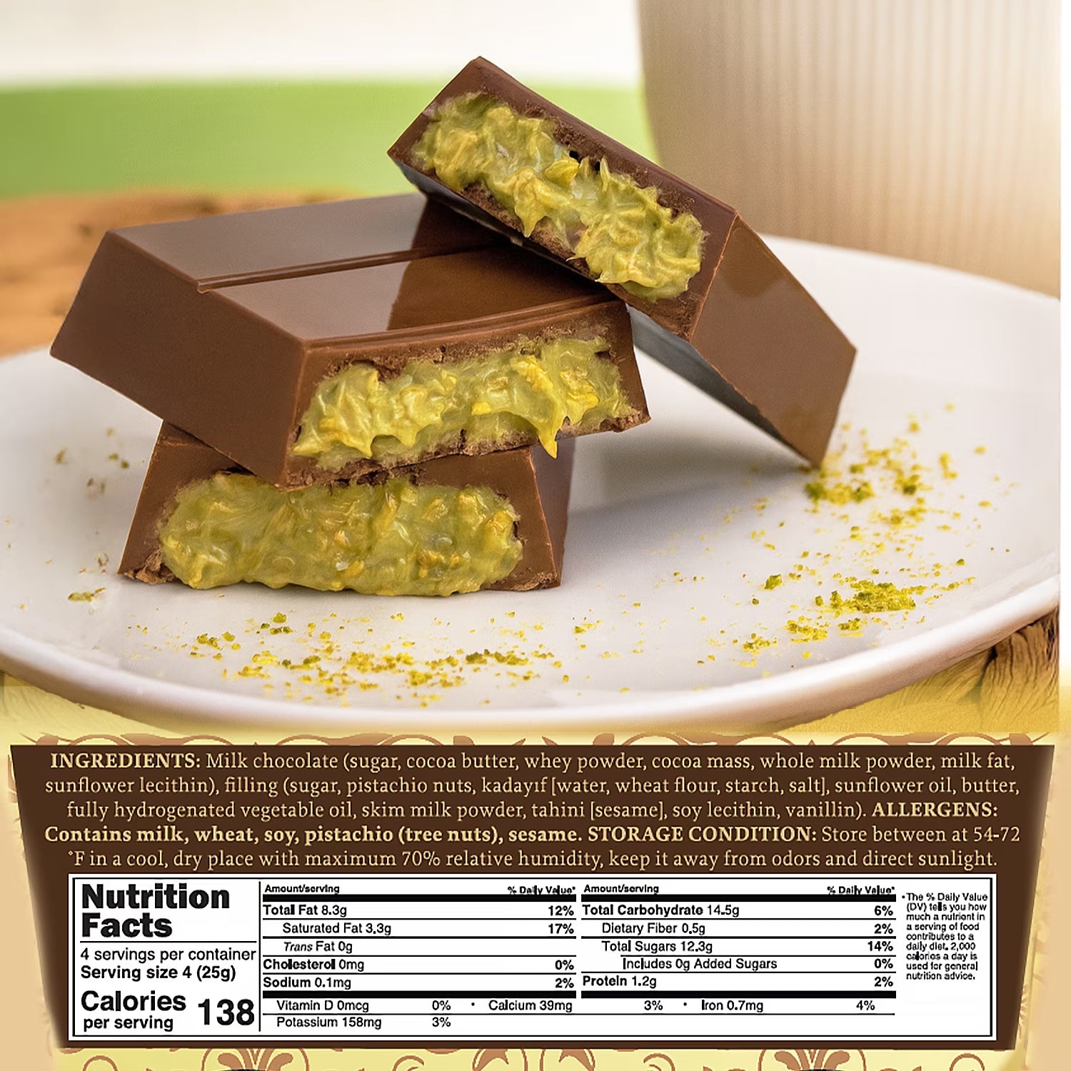 Dubai Chocolate Bar Pistachio with White Chocolate Kunafa 3.5 Oz