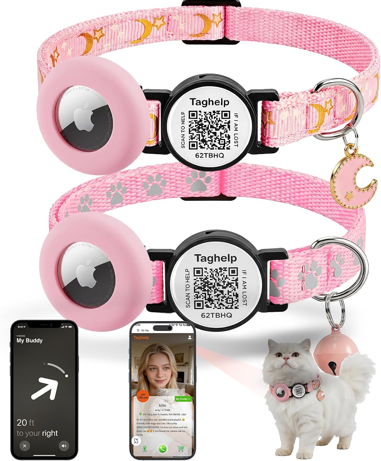 2 Pack Airtag Cat Collar, Breakaway Cat Airtag with Smart ID Tag & QR Code Reflective (Star Moon & Paw Pattern - Pink, with Integrated Airtag Holder)