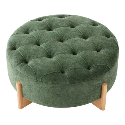 Green Chenille round Tufted Ottoman with Solid Wood Legs