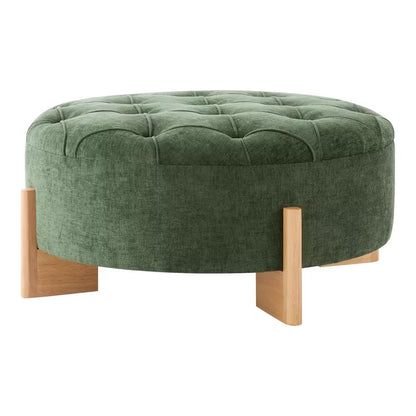 Green Chenille round Tufted Ottoman with Solid Wood Legs