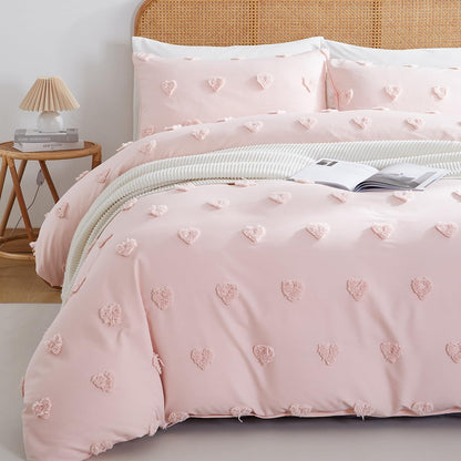 Pink Heart Duvet Cover Queen Size Boho Tufted Chenille Cute Heart Textured Comforter Cover 3Pcs Luxury Soft Washed Microfiber Aesthetic Bedding Set with Zipper Closure for All Season