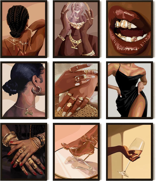 Black Girl Posters Wall Art Set of 9, Abstract African American Woman Canvas Wall Decor Painting, Trendy Boho Artwork Aesthetics Prints for Living Room Bedroom Home Decor 8X10In Unframed