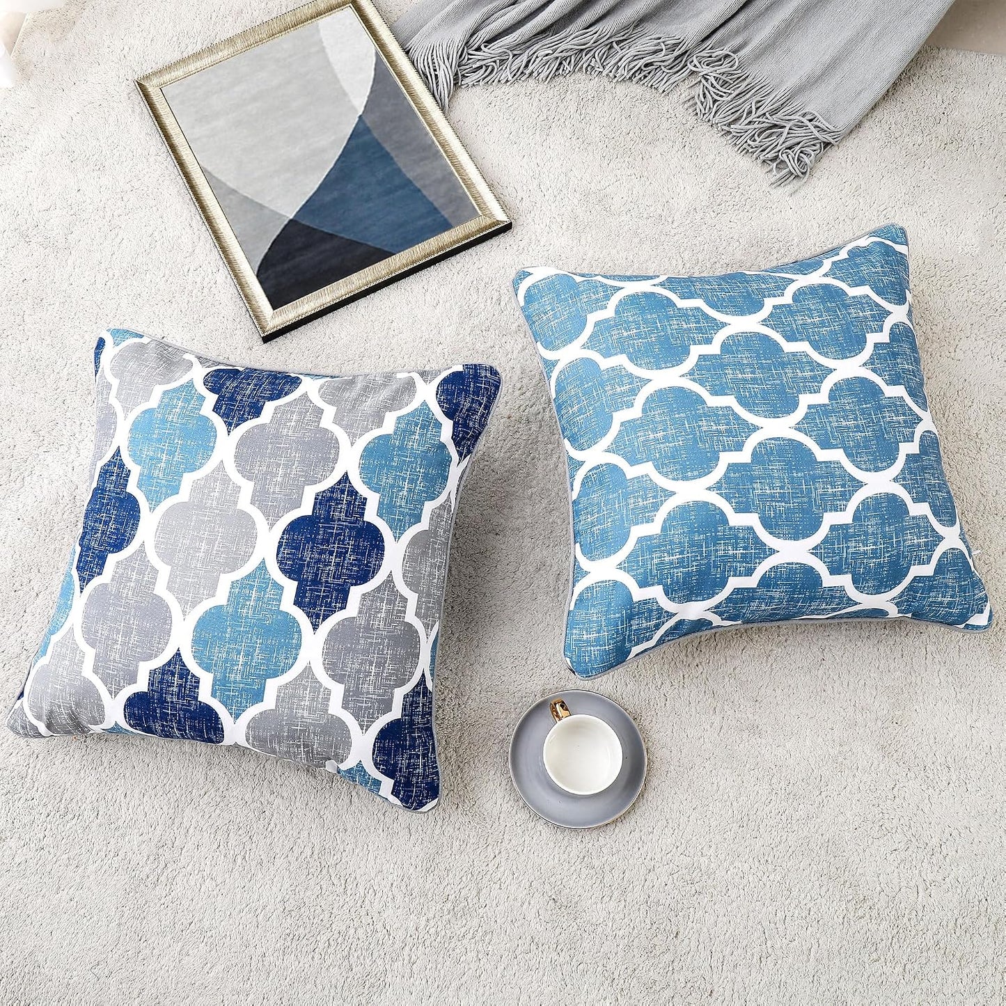 Throw Pillow Covers 20X20 for Couch Sofa Moroccan Blue Gray 2 Sets | Soft Chenille Print Geometric Velvet 2-Sided Pattern Decorative Square Standard Pillowcases for Bedroom Living Room